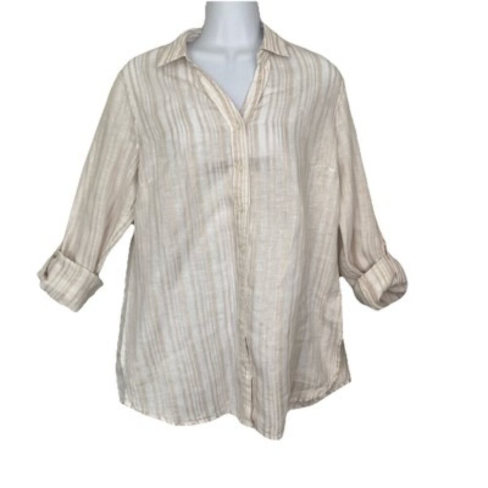 Coldwater Creek M 100% Linen Ivory Blouse Cuffed Sleeves Peasant Boho Hippie